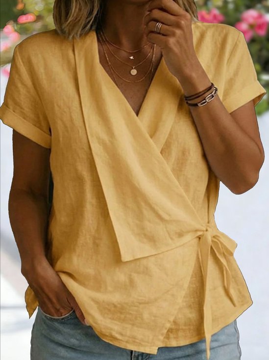 Cotton And Linen Wrap Detail  V Neck Short Sleeve Irregularly Shaped Hem Casual Blouse