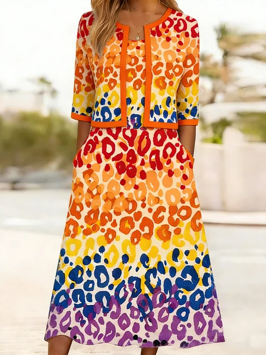 Leopard Sghort Sleeve Round Neck Top With Dress Casual Two-Piece Set