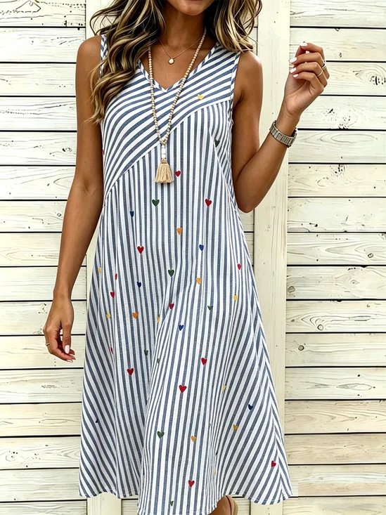 Women’s Vertical Stripe Heart Print Sleeveless V Neck Midi Dress Casual Boho Sundress
