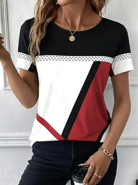 Women's Short Sleeve T-shirt Summer Red Abstract Printing Jersey Crew Neck Daily Going Out Casual Top