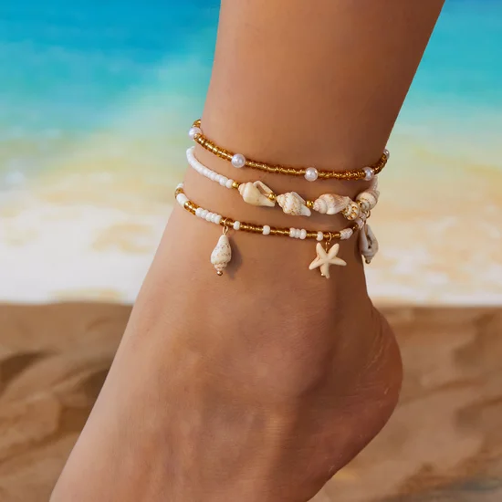 3Pcs Bohemian Resort Style Shell Beaded Multilayer Anklet Hawaii Beach Ethnic Jewelry