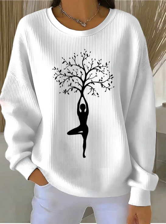 White Crew-Neck Sweatshirt with Yoga Tree Pose Graphic