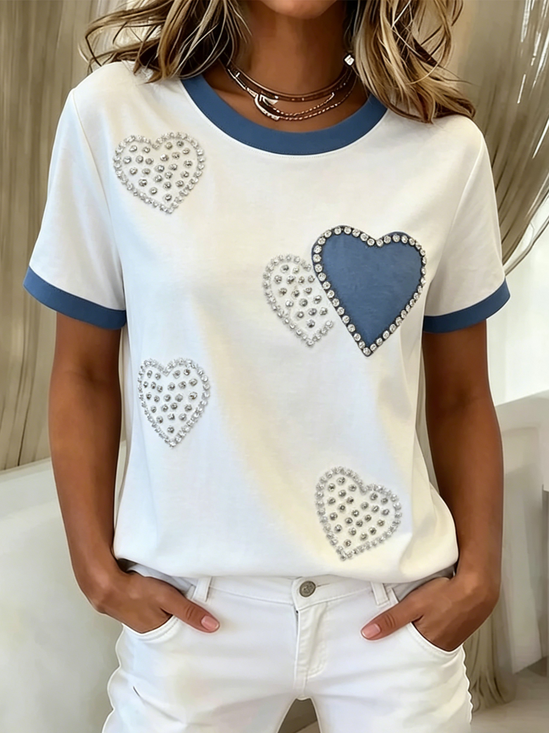 Cotton Crew Neck Casual Heart/Cordate T-Shirt