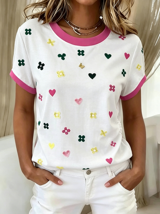 Crew Neck Cotton Casual Heart/Cordate T-Shirt