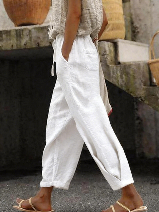 Cotton-Blend Linen Mid Waist Side Pocket Drawstring Adjustable Waistband Casual Pants