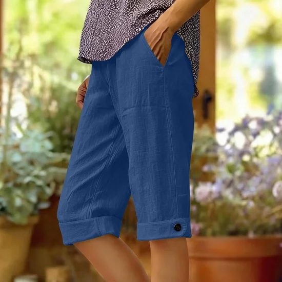 Cotton And Linen  Fifth Pants Side Pocket Button Mid Waist Summer Casual Shorts
