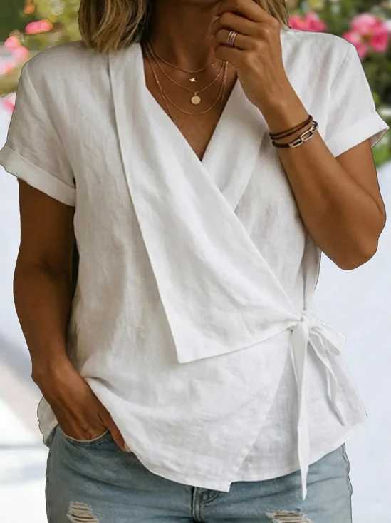 Cotton And Linen Wrap Detail  V Neck Short Sleeve Irregularly Shaped Hem Casual Blouse