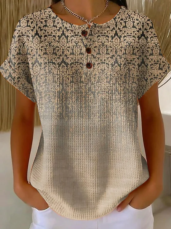 Women's Short Sleeve T-shirt Summer Khaki Abstract Printing Crew Neck Daily Going Out Vintage Top