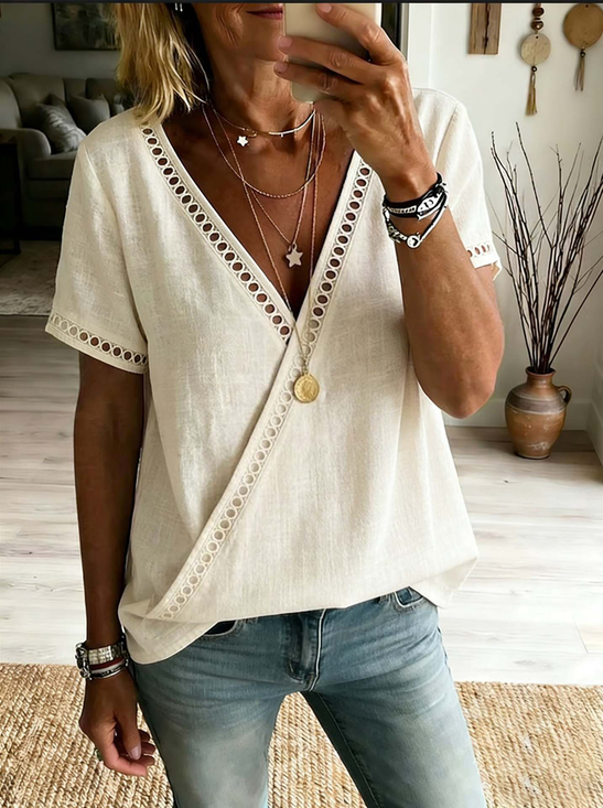 Elegant Plain Loose Polyester Cotton V Neck Perforated Lace Casual Top