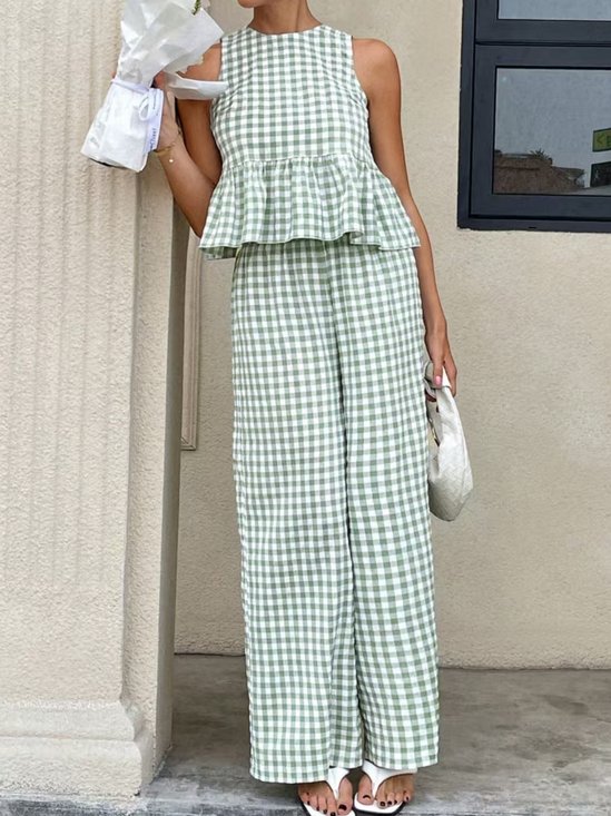 Women's Split Joint Plaid Daily Going Out Two-Piece Set Lightgreen Casual Summer Top With Pants Matching Set