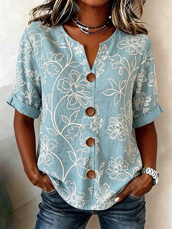 Linen Blend Stand Collar Simple Loose Shirt