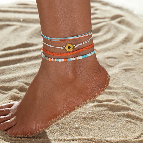 Bohemian Style Vacation-Themed Beaded Woven Anklet Set With Seed Beads Multilayer Anklet