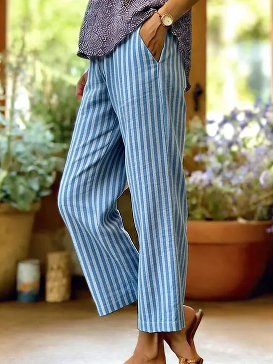 Women's  H-Line Straight Pants Daily Going Out Pants Blue Casual Printing Striped Spring/Fall Pants