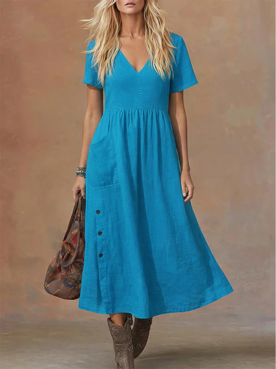 Elegant V Neck Short Sleeve Side Button Pocket Casual Midi Dress