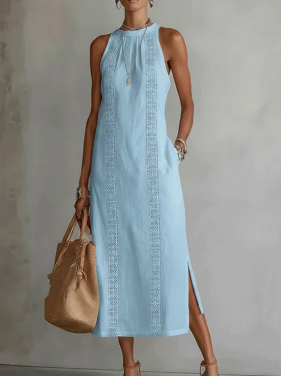 Casual Plain Lace Crew Neck Midi Dress
