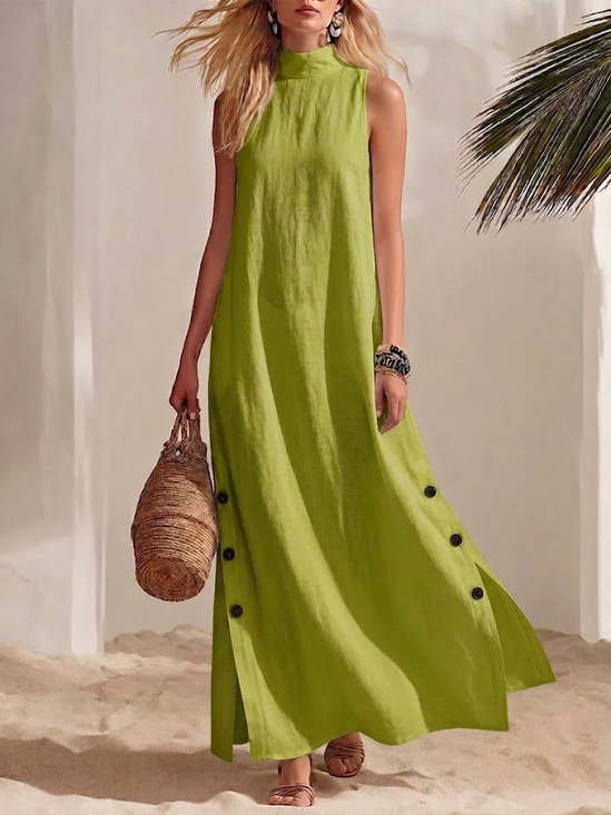 Linen Plain Stand Collar Sleeveless Side Slit Button Summer Beach Vacation Casual Maxi Dress