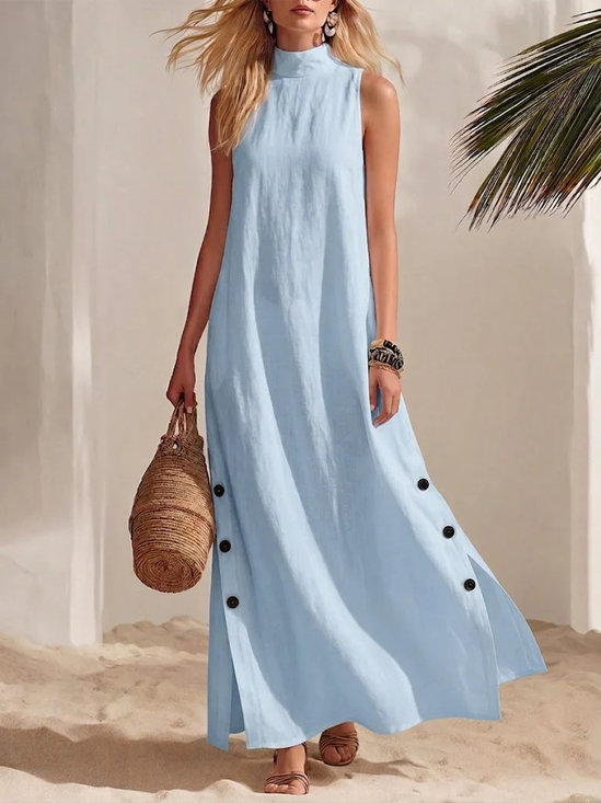 Linen Plain Stand Collar Sleeveless Side Slit Button Summer Beach Vacation Casual Maxi Dress