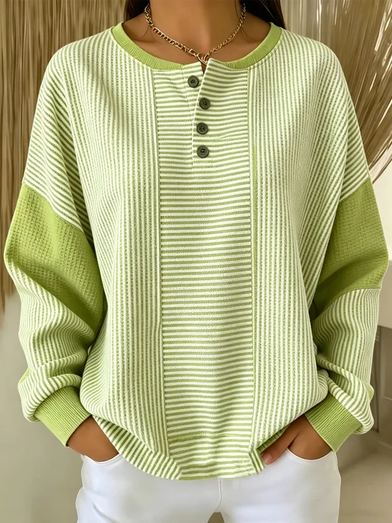 Women's Striped Knit Henley Neck Long Sleeve Casual Sweatshirt