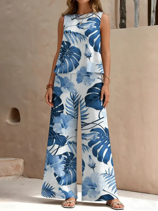 Polyester Cotton Blue Floral Round Neck Sleeveless Top With Elastic Waist Band Pants Casual Two-Piece Set