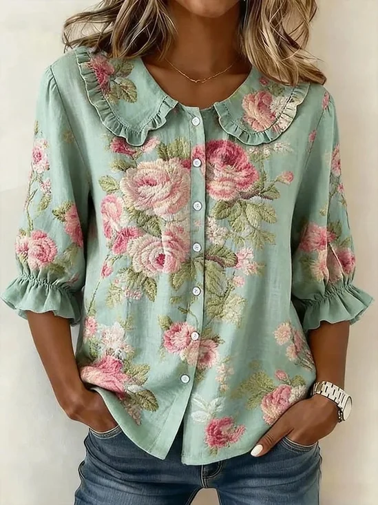 Women's Casual Peter Pan Collar Printed Cotton Linen Shirt