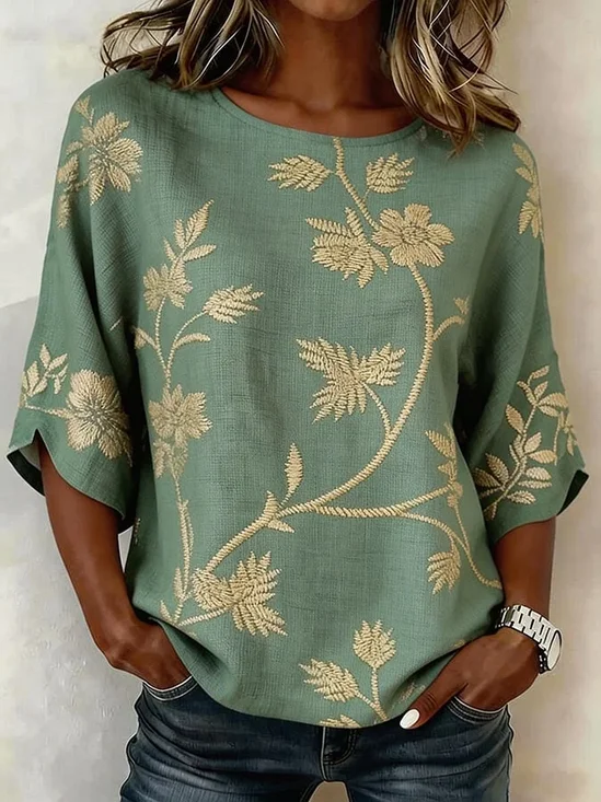 Women's Half Sleeve Blouse Summer Green Floral Printing Crew Neck Daily Going Out Vintage Top