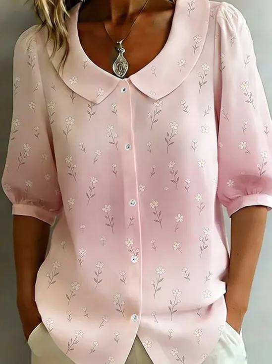 Women's Half Sleeve Shirt Summer Pink Floral Printing Shawl Collar Daily Going Out Casual Top