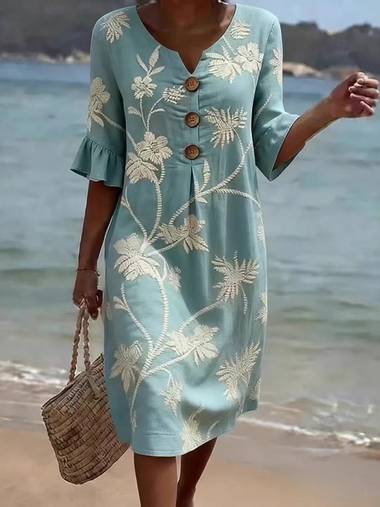 Floral Printed V Neck Short Sleeve Button A-Line Summer Casual Midi Dress