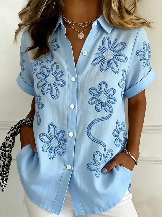 Women's Short Sleeve Shirt Summer Blue Floral Printing Shirt Collar Daily Going Out Casual Top