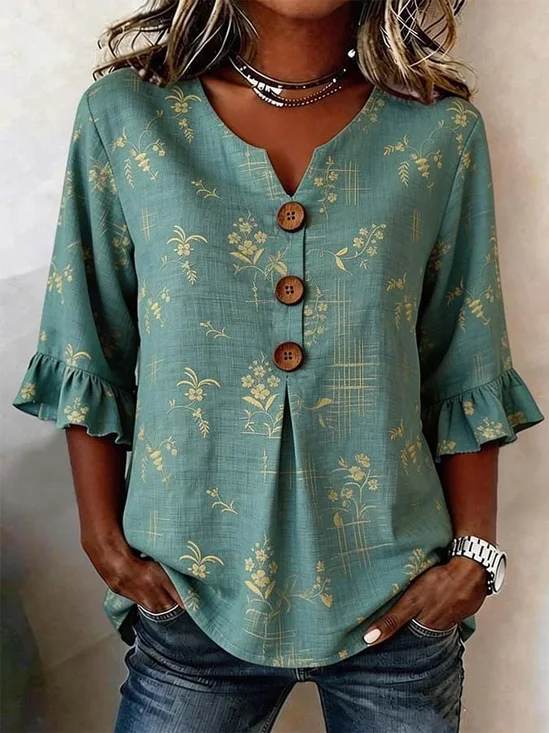 Women's Half Sleeve Blouse Summer Green Floral Printing V Neck Daily Going Out Vintage Top