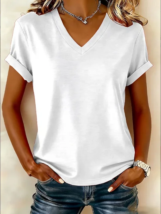 Women's Short Sleeve T-shirt Summer White Plain Printing V Neck Holiday Going Out Vintage Top