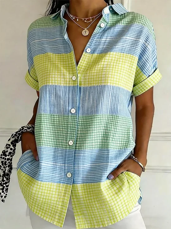 Women's Short Sleeve Shirt Summer As Picture Plaid Printing Shirt Collar Daily Going Out Casual Top