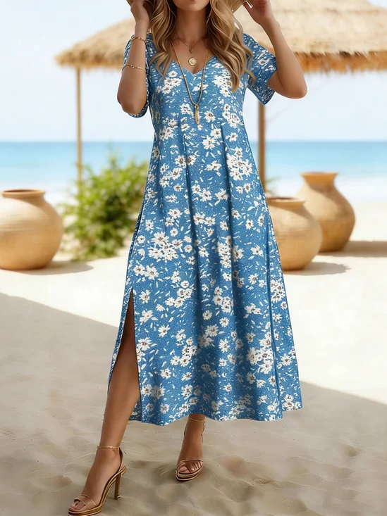 Women's Short Sleeve Summer As Picture Blue Small Daisy V Neck Short Sleeve Daily Going Out Casual Maxi A-Line T-Shirt Dress