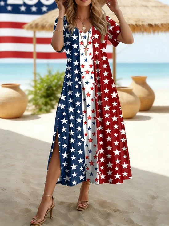 Women's Short Sleeve Summer As Picture Color Block Star Printed Independence Day V Neck Short Sleeve Daily Going Out Casual Maxi A-Line T-Shirt Dress 250th Anniversary