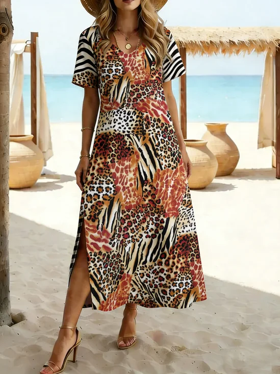 Women's Short Sleeve Summer As Picture Leopard Printed V Neck Short Sleeve Daily Going Out Casual Maxi A-Line T-Shirt Dress