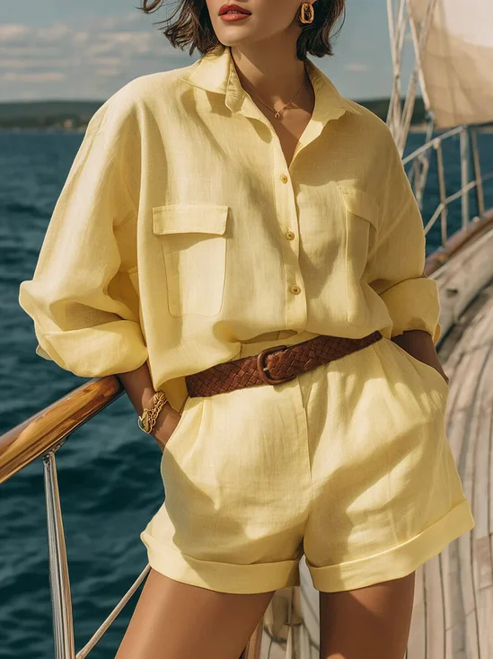 Women's Split Joint Plain Daily Going Out Two-Piece Set Yellow Casual Summer Top With Pants Matching Set