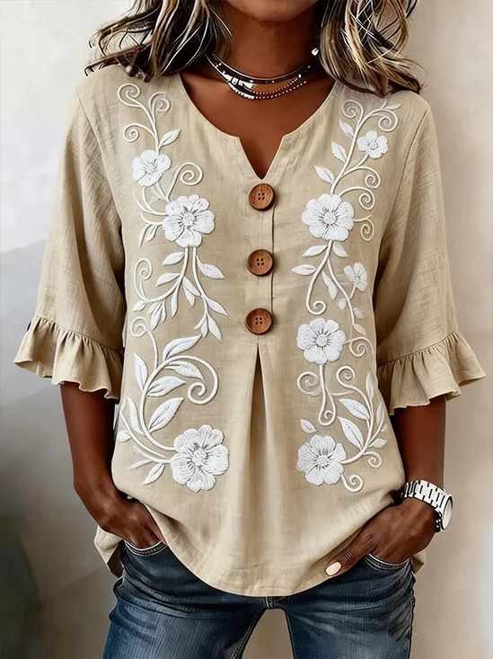 Women's Half Sleeve Blouse Summer Light Khaki Floral Printing V Neck Daily Going Out Vintage Top