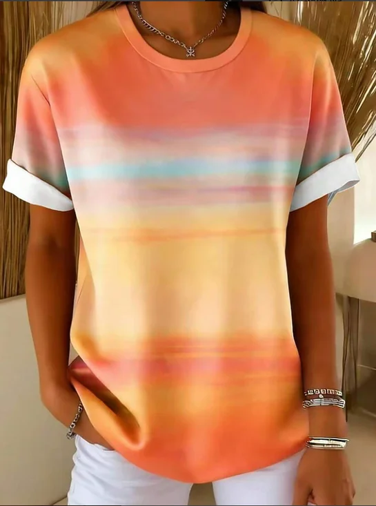 Women's Short Sleeve T-shirt Summer Orange Abstract Printing Jersey Crew Neck Daily Going Out Casual Top