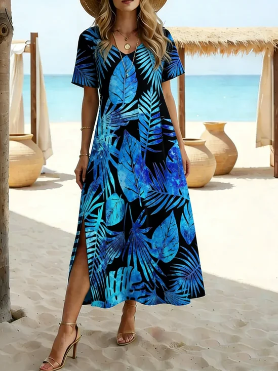Women's Short Sleeve Summer As Picture Tropical Printed V Neck Short Sleeve Daily Going Out Casual Maxi A-Line T-Shirt Dress