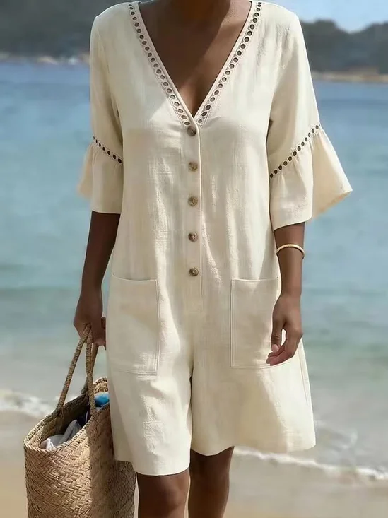 Plain Vintage Cotton And Linen Loose Jumpsuit