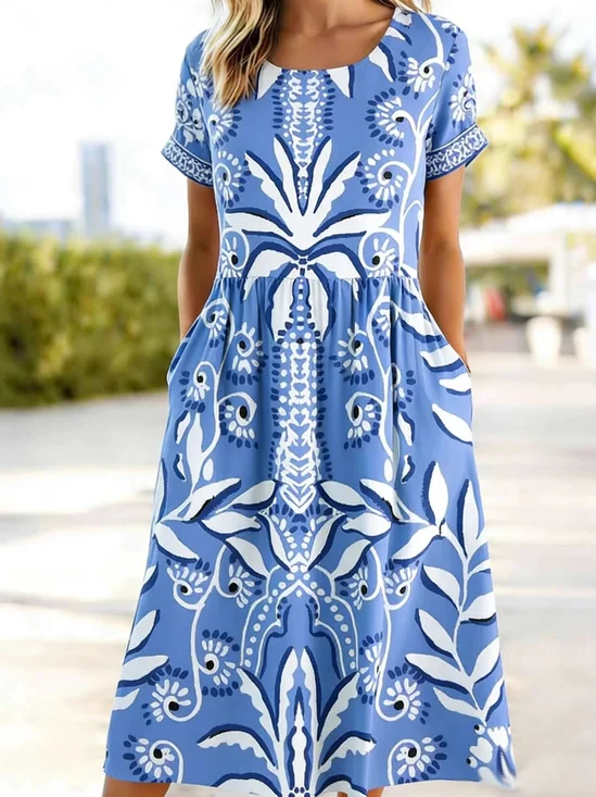 Women's Short Sleeve Summer Blue Floral Printing Round Neck Daily Going Out Casual Maxi A-Line Dress