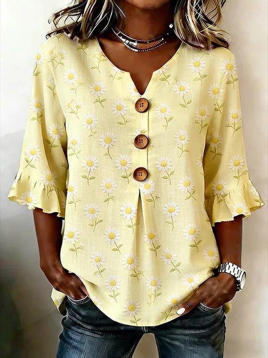 Women's Half Sleeve Blouse Summer Yellow Floral Printing V Neck Daily Going Out Vintage Top