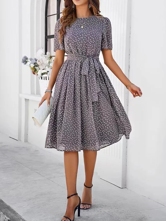 Elegant Regular Fit Crew Neck Polka Dots Dress With Belt