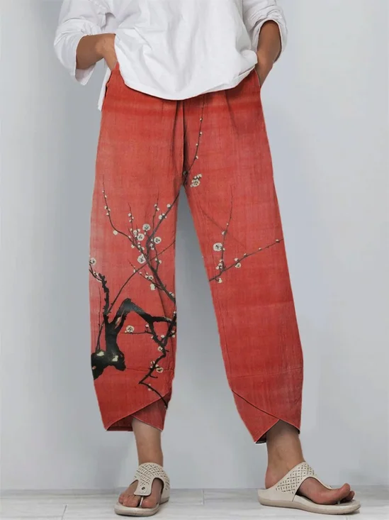 Women's Retro Floral Elegant Art Printed Cotton And Linen Casual Pants