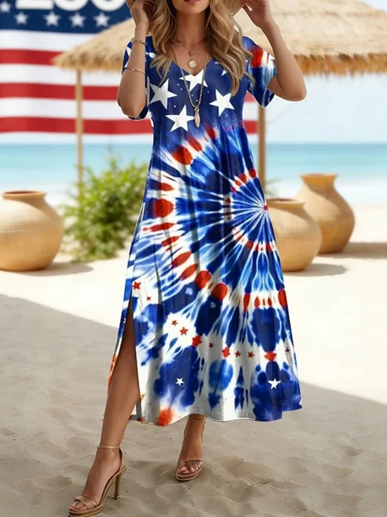 Women's Short Sleeve Summer As Picture Star Tie-Dye Pattern Independence Day V Neck Short Sleeve Daily Going Out Casual Maxi A-Line T-Shirt Dress 250th Anniversary