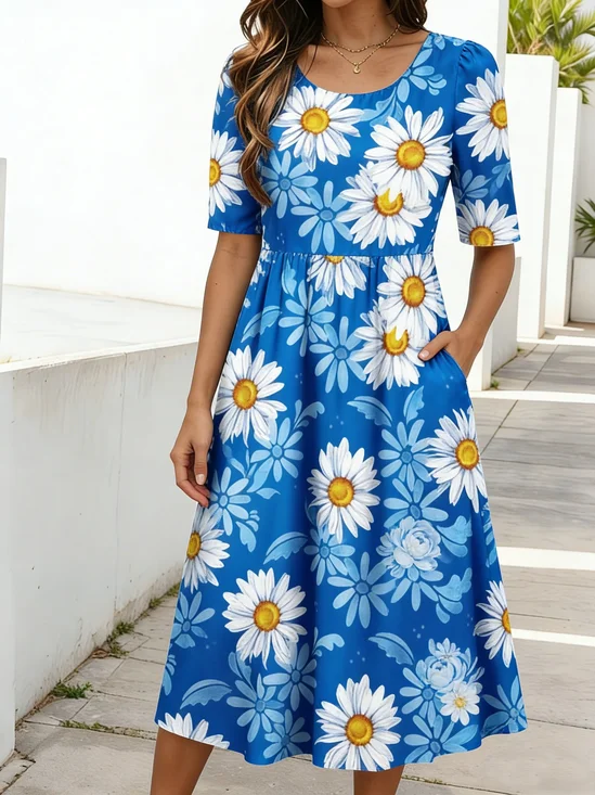 Women's Short Sleeve Summer Blue Daisy Floral Printing Round Neck Daily Going Out Casual Maxi A-Line Dress