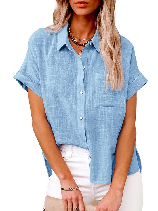 Linen Blend Casual Plain Shirt Collar Shirt