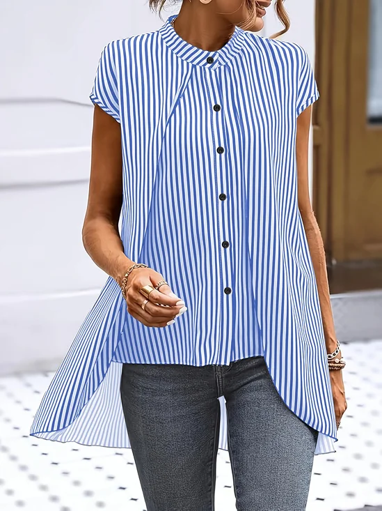 Striped Elegant Fake 2in 1 Stand Collar Short Sleeve Casual Shirt