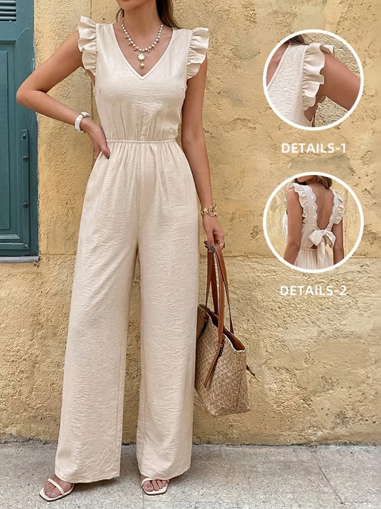 Women's H-Line T-Shirt V Neck Daily Going Out Casual Split Joint Cotton-Blend Plain Summer Long Jumpsuit Romper