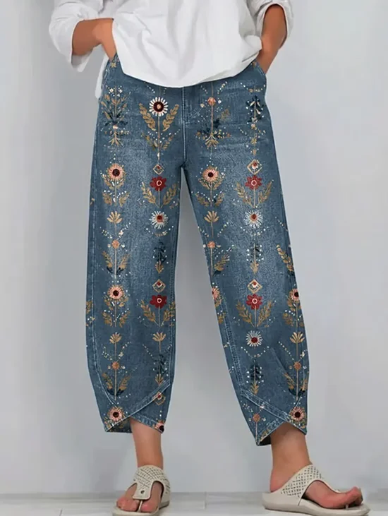 Women's Vintage Flowers Floral Patterns Art Prints Casual Denim Cotton Pants (With Pockets)