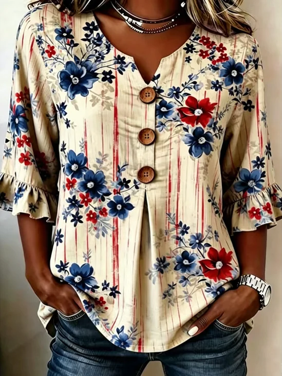 Women's Denim Blue Floral Half Sleeve Blouse Summer White Plain Peplum V Neck Button Daily Going Out Vintage Top Independence Day